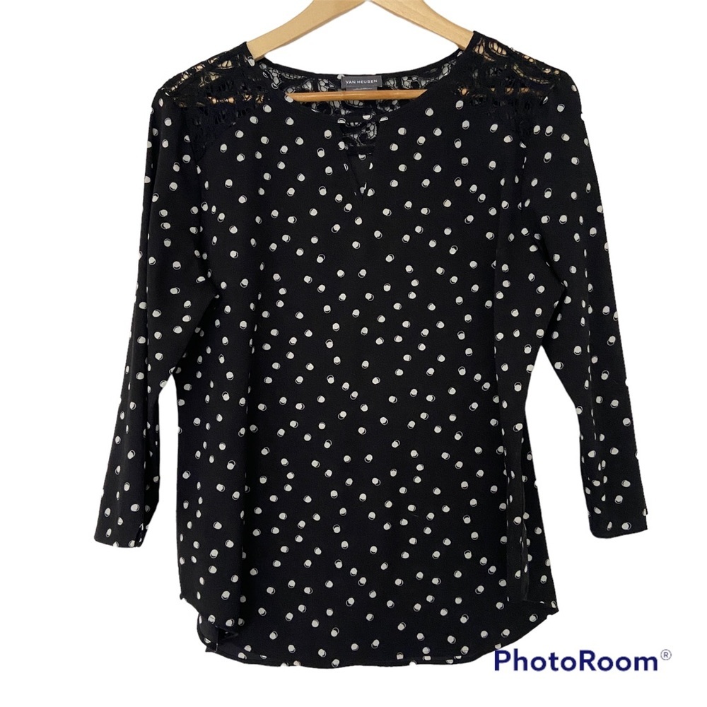 VAN HEUSEN BLACK AND WHITE POLKA DOT BLOUSE WITH PEEKABOO VNECK AND LACE YOKE, L